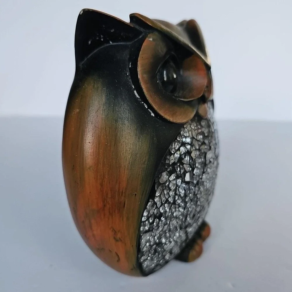 Vintage Mosaic Mirror Owl Wood Figurine Decor Home Shiny Outdoor Woodsy 1692